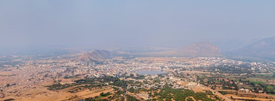 Panorama Holy city Pushkar and Puchkar Mela (camel fair) aerial view from Savitri temple. Rajasthan, India