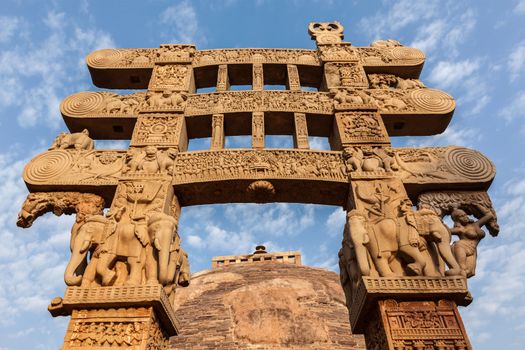 Gateway decoration of Great Stupa - ancient Buddhist monument. Sanchi, Madhya Pradesh, India