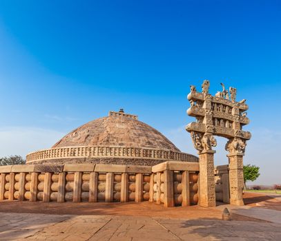 Great Stupa - ancient Buddhist monument. Sanchi, Madhya Pradesh, India