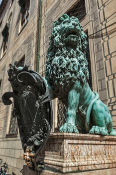 Bavarian lion statue at Munich Alte Residenz palace in Odeonplatz. Munich, Bavaria, Germany