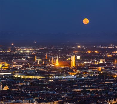 Night aerial view of Munich from Olympiaturm (Olympic Tower). Munich, Bavaria, Germany