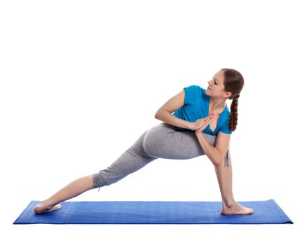Yoga - young beautiful woman  yoga instructor doing Revolved Side Angle Pose (Parivrtta Parsvakonasana) exercise isolated on white background