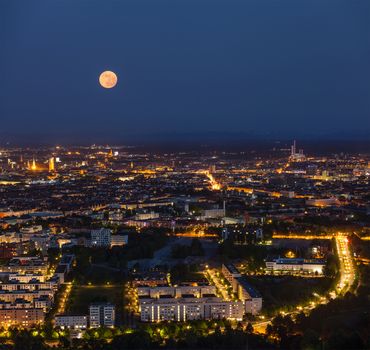 Night aerial view of Munich from Olympiaturm (Olympic Tower). Munich, Bavaria, Germany