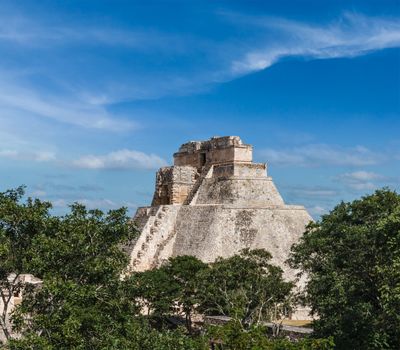 Anicent mayan pyramid (Pyramid of the Magician, Adivino) in Uxmal, Merida, Yucatan, Mexico