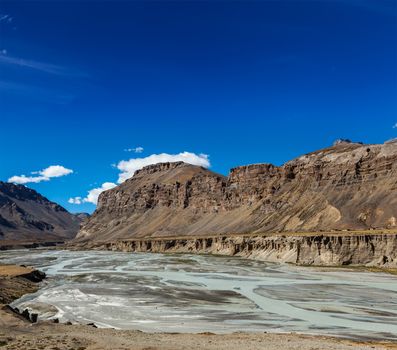 Himalayan landscape in Himalayas along Manali-Leh road. Himachal Pradesh, India