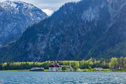 Koningsee lake and St. Bartholomew's Church in Bavarian Alps, Berchtesgaden, Bavaria, Germany