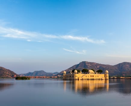 Rajasthan landmark - Jal Mahal (Water Palace) on Man Sagar Lake on sunset.  Jaipur, Rajasthan, India