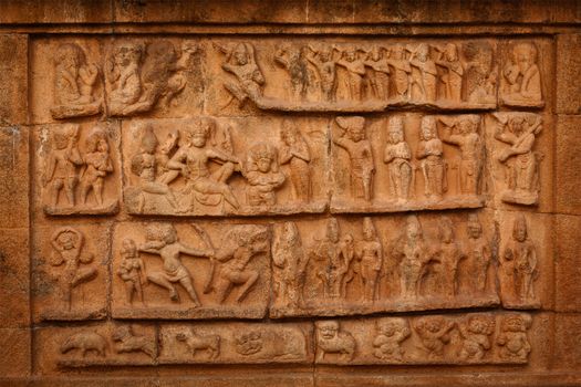 Ancient bas relief. Brihadishwara Temple. Tanjore (Thanjavur), Tamil Nadu, India. UNESCO World Heritage Site