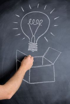 concept of thinking outside the box with an idea bulb on a chalkboard