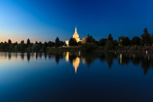 Idaho Falls, US - JUNE 30, 2012: The gleaming Mormon Temple serves as a centerpiece to the city, standing on the banks of the Snake River.
