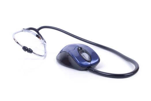 online medical exam mouse and stethoscope isolated on white with clipping path