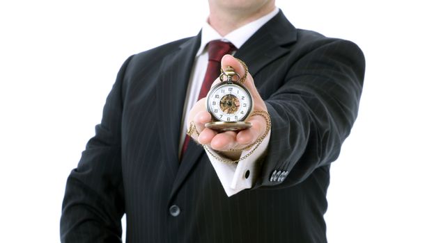 businessman holding out a pocket watch showing 9 o'clock isolated on white backgound