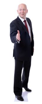 full portrait of a businessman gesturing a handshake isolated on white background
