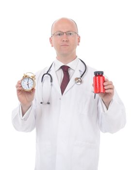 A doctor advising pills for insmnia. Concept for time to take your medicine isolated on white background