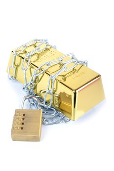 Gold bullion bar ingot chained up with padlock concept of secured money