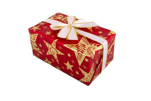 Red gift box with gold ribbon bow