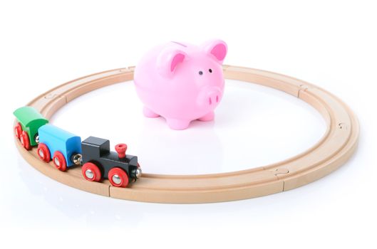 no access to money concept train circling money bank