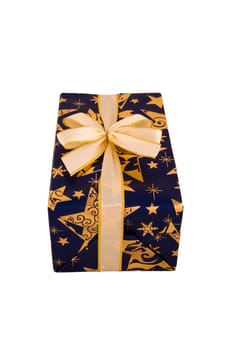 Blue gift box with gold ribbon bow