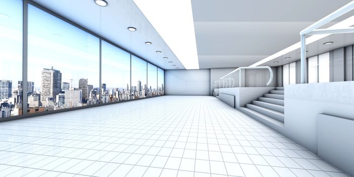 A empty office with the Skyline of Sao Paulo, Brazil, in the Background. Architectural visualisation. 3D rendered Illustration.