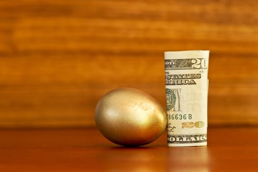 Metaphoric gold nest egg placed on rich tones of wood grain background next to an American dollar. Copy space and text area on left. 