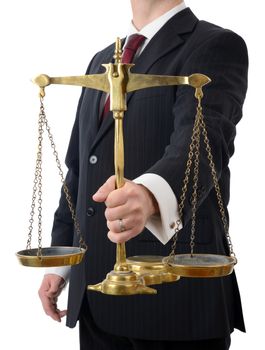 A laywer holding the scales of justice isolated on a white background