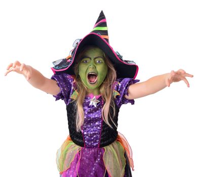 little green witch casting a spell,isolated on a white background