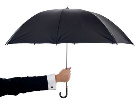 concept of protection or a helping hand. a arm holding out an umbrella isolated on a white background