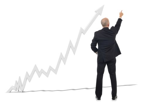 A businessman pointing to a projections chart isolated on a white background