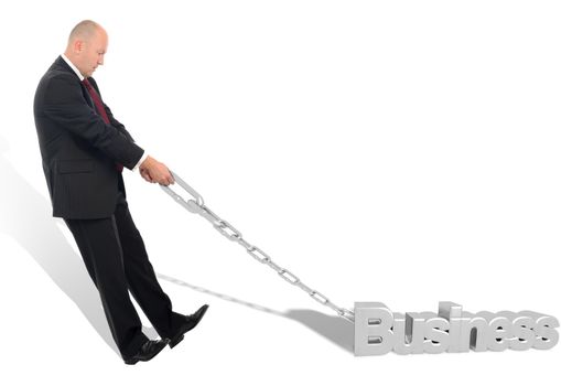 a businessman pulling business along in the right direction isolated on a white background