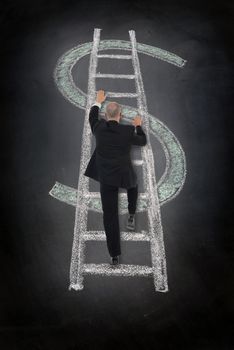 businessman climbing a Dollar sign incorporating a ladder into the symbol drawn in chalk 