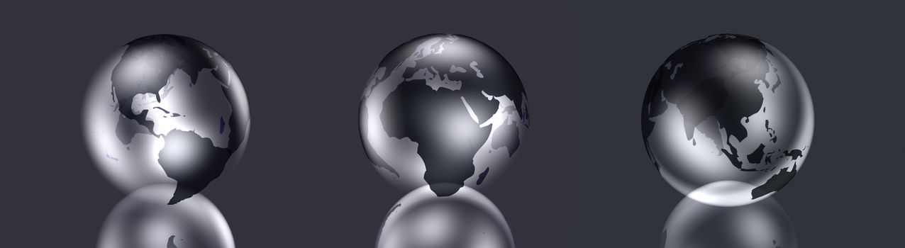 3D rendered Illustration. Globes of three sides of the World: Europe, Africa - Amerika - Asia
