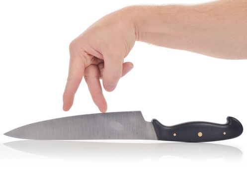 Walking on a knife edge, concept of business dangers, fingers on a knife isolated on a white background