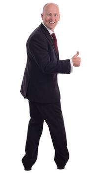 businessman turned around with a big thumbs up isolated on a white background