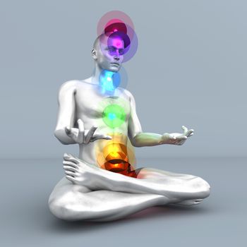 A woman performing a full chakra meditation. 3D rendered illustration. 