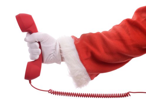 christmas is calling ring up for presents to order, santa hand with phone isolated on a white background