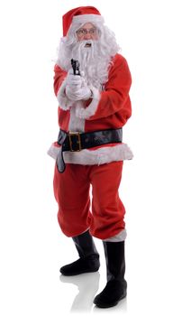 A bad santa with a gun pointing at camera isolated on a white background.
