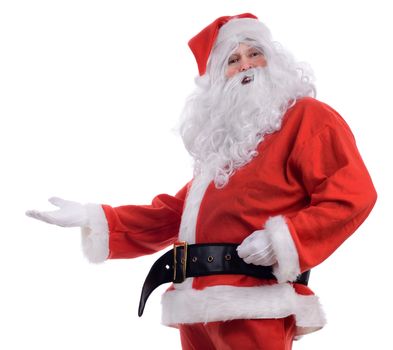 Santa presenting to blank copy space isolated on a white background
