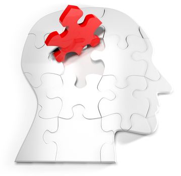 Concept for the mind and puzzle head with one red jigsaw