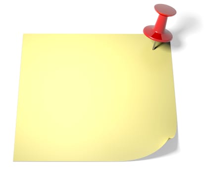 Yellow sticky note and push pin on white with clipping path.