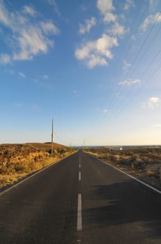 Asphalt Road in the Desert on a Colored Sunset