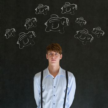 Businessman with flying money piggy banks in chalk on blackboard background