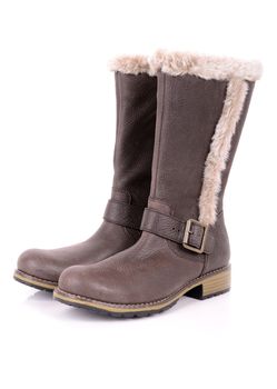 a pair of brown boots with fur tops isolated on white background
