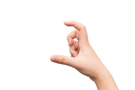 Human hand holding imaginary card with two fingers on light gray background