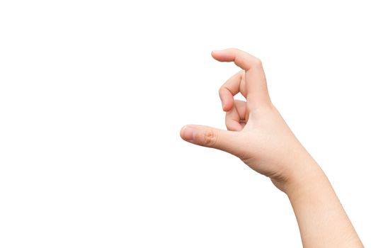 Human hand holding imaginary card with two fingers on light gray background