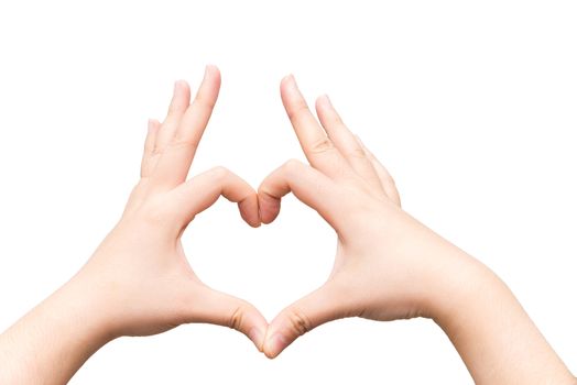 Human hands making a heart shape on light gray background