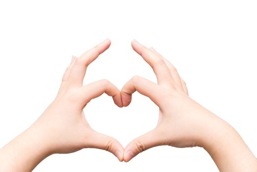 Human hands making a heart shape on light gray background