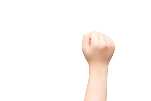 Human hand with closed fist on gray background