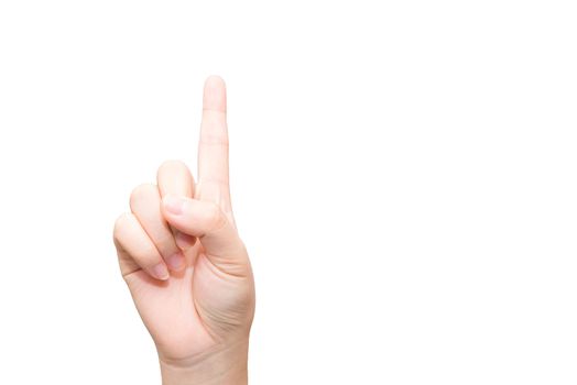 Human hand with one finger sticking up on light gray background