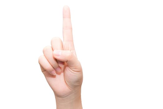 Human hand with one finger sticking up on light gray background