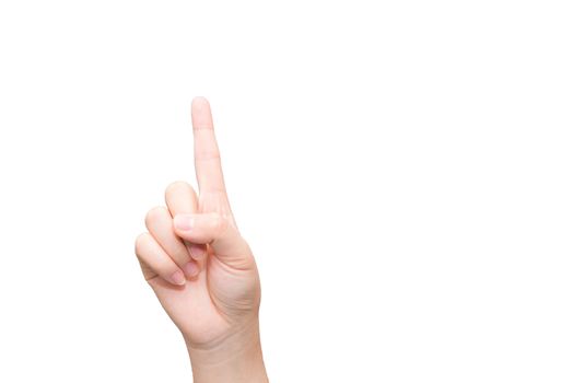 Human hand with one finger sticking up on light gray background